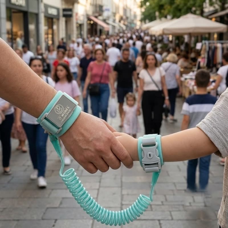 Kalabalık bir sokakta, ebeveyn ve çocuk Sevgi Bağı ile birbirine bağlı yürüyor